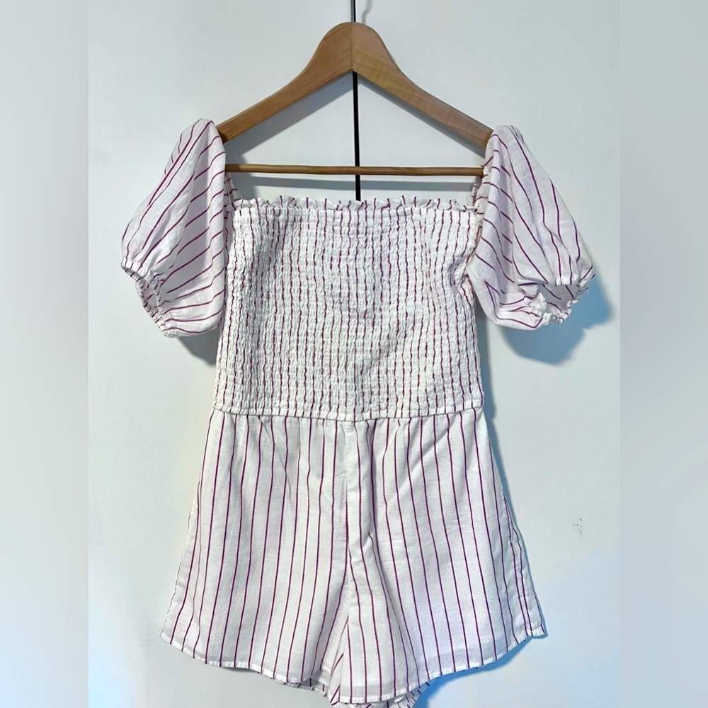 💋 Abercrombie & Fitch smocked romper white cotton puffy sleeves